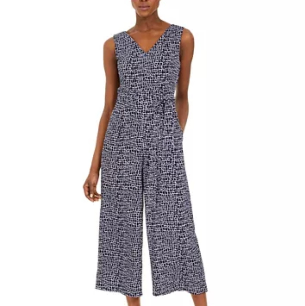 Cropped Denim Blue Print Jumpsuit